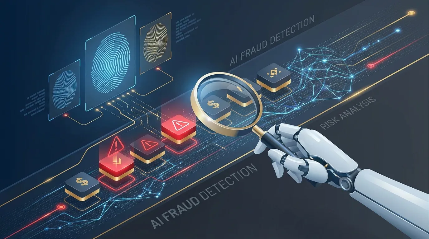 Conceptual view of an AI investigator examining transaction streams and suspicious patterns